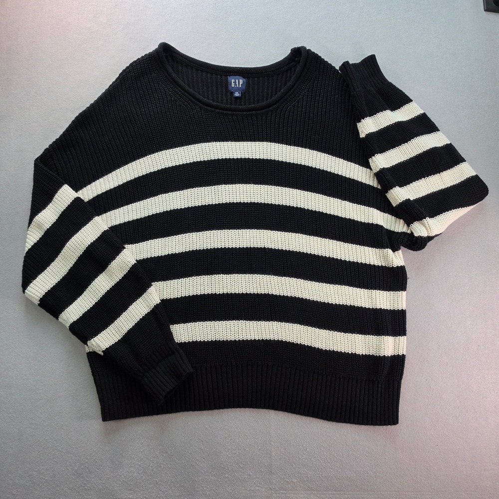 Gap Women XXL Black White Striped Shaker Knit Sweater Cozy Oversized Slouchy